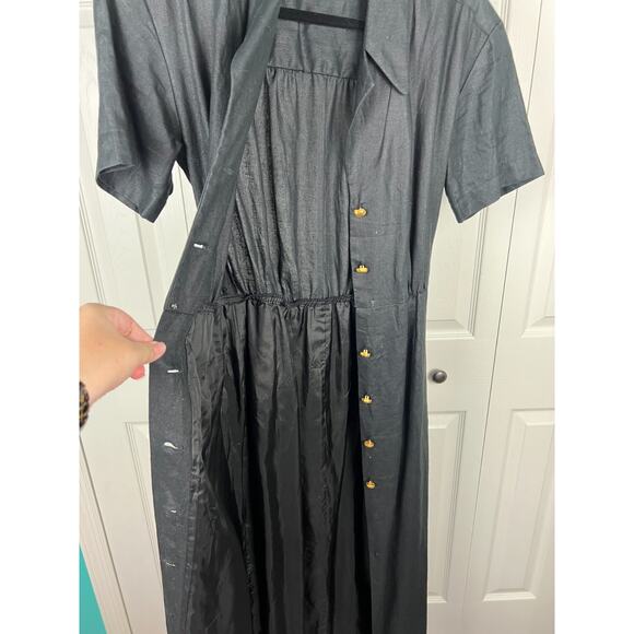 Vintage 80s Evan Picone Black Collard Linen Maxi Shirt Dress Size 4 Classic - Picture 7 of 8